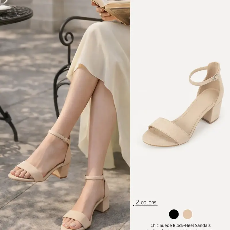 Women’s Summer Style Faux Suede Ankle Strap Block Heel Sandals,Open Toe Minimalist Chunky Heel Dressy Sandals, Standard Fit, Elegant Party Shoes for Weddings, Events & Night Out, Plain Sandals