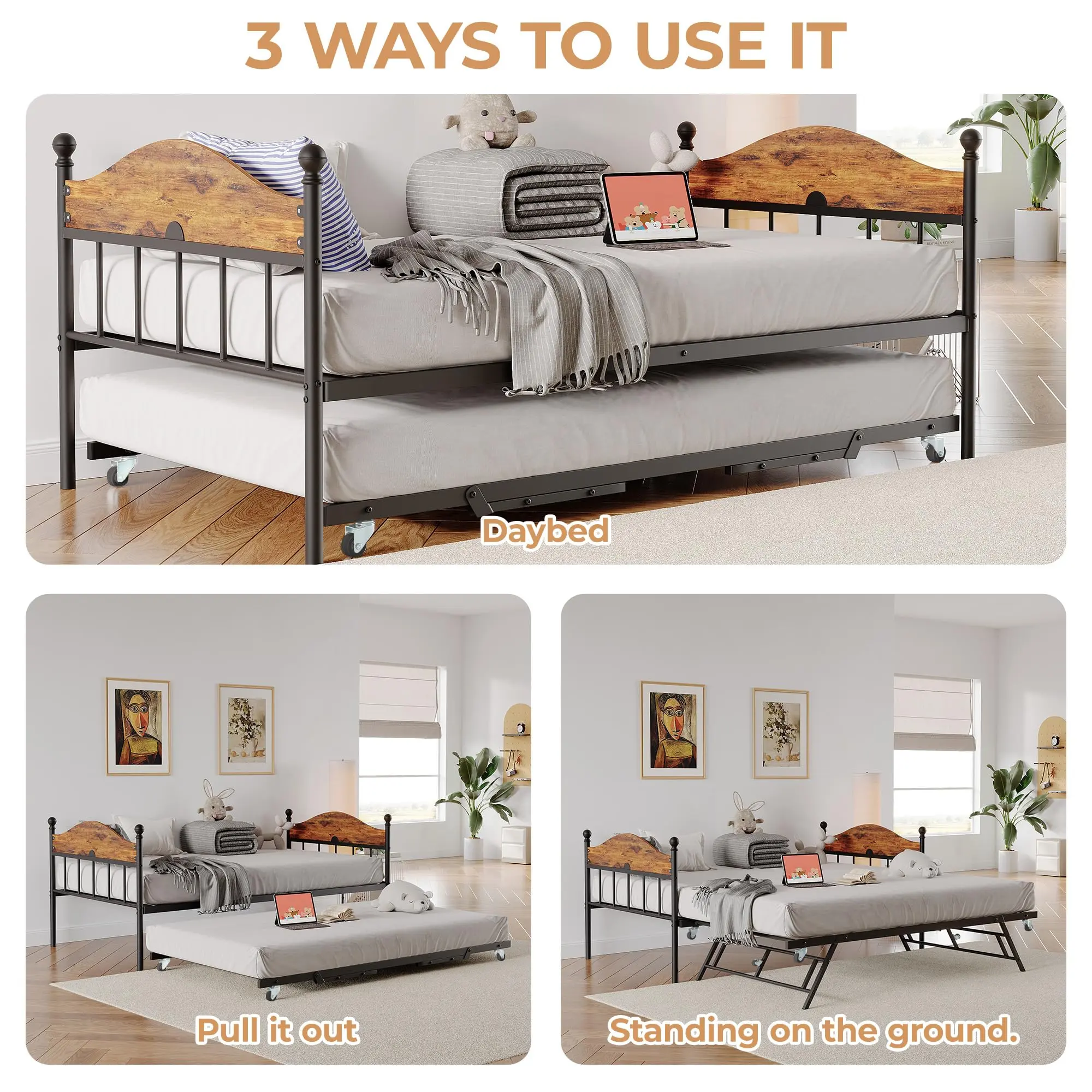 Twin Daybed with Foldable Trundle and Metal Frame – Convertible Sofa Bed with Headboard, Space-Saving Guest Bed for Living Room, Bedroom, or Guest Room, Sturdy and Easy Assembly,sohochic