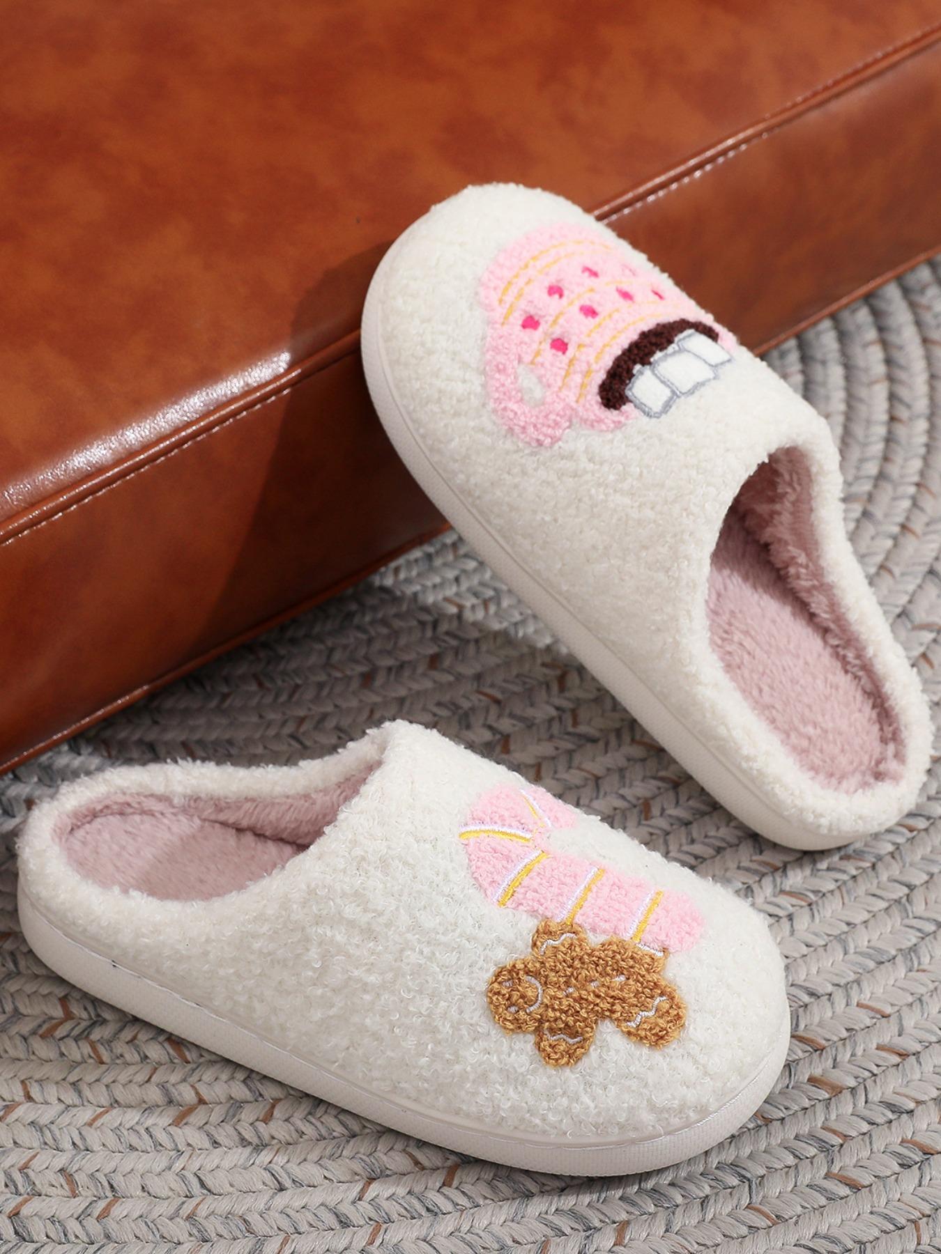 Christmas Plush Slippers, Embroidered Gingerbread Man Cane Cocoa Cup Design, Warm Indoor Outdoor Non-Slip Shoes for Fall Winter