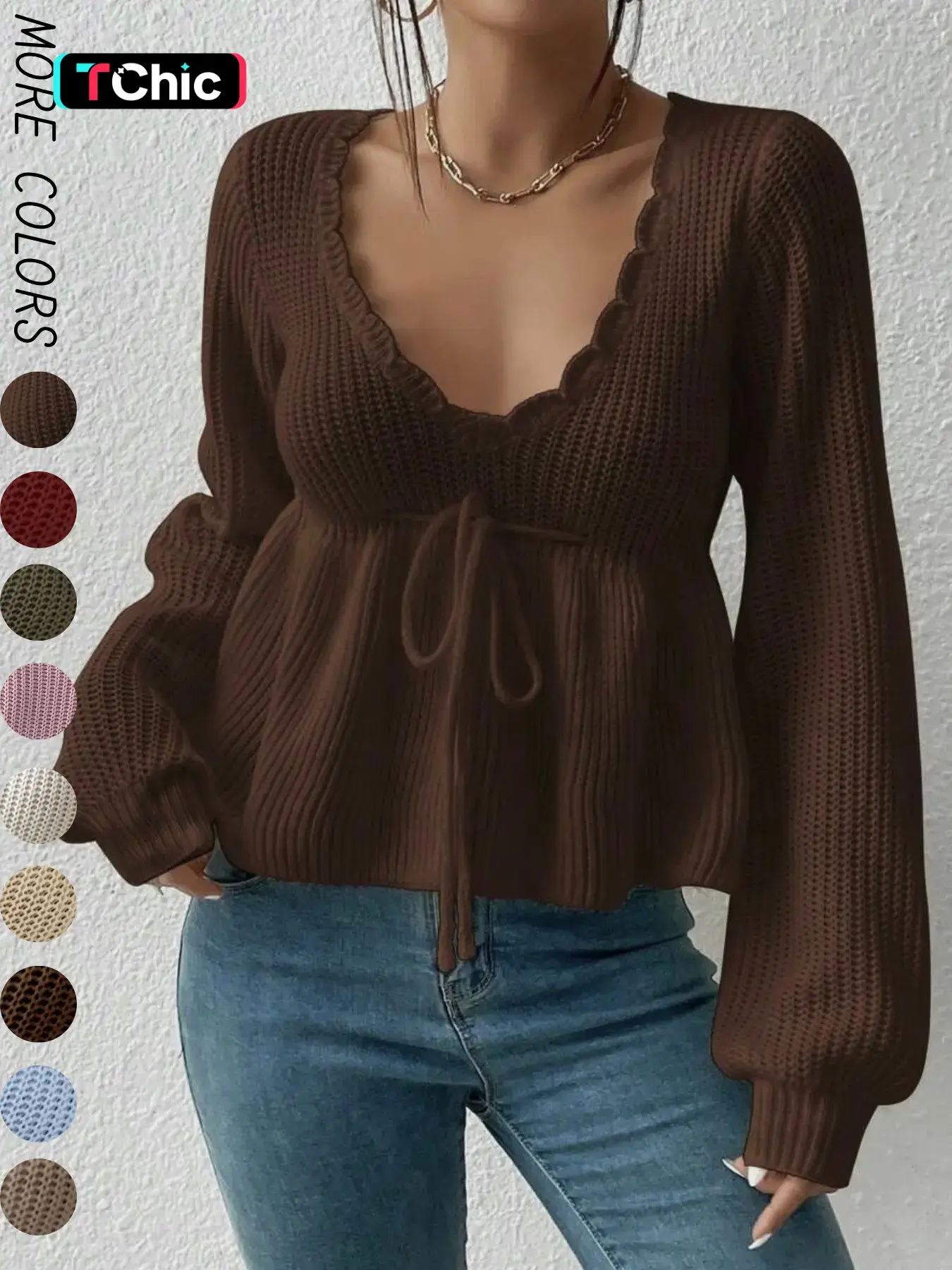 【Black Friday】Women's Plain Drawstring Tie Front Scallop Trim Knit Top, Casual Bishop Sleeve Deep V Neck Knitwear for Fall & Winter, Fashion Ladies' Lightweight Knit Clothing for Daily Wear