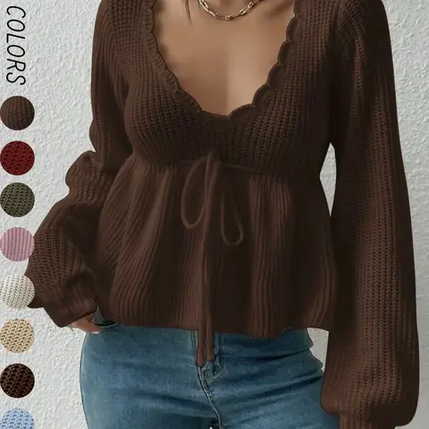 【Black Friday】Women's Plain Drawstring Tie Front Scallop Trim Knit Top, Casual Bishop Sleeve Deep V Neck Knitwear for Fall & Winter, Fashion Ladies' Lightweight Knit Clothing for Daily Wear