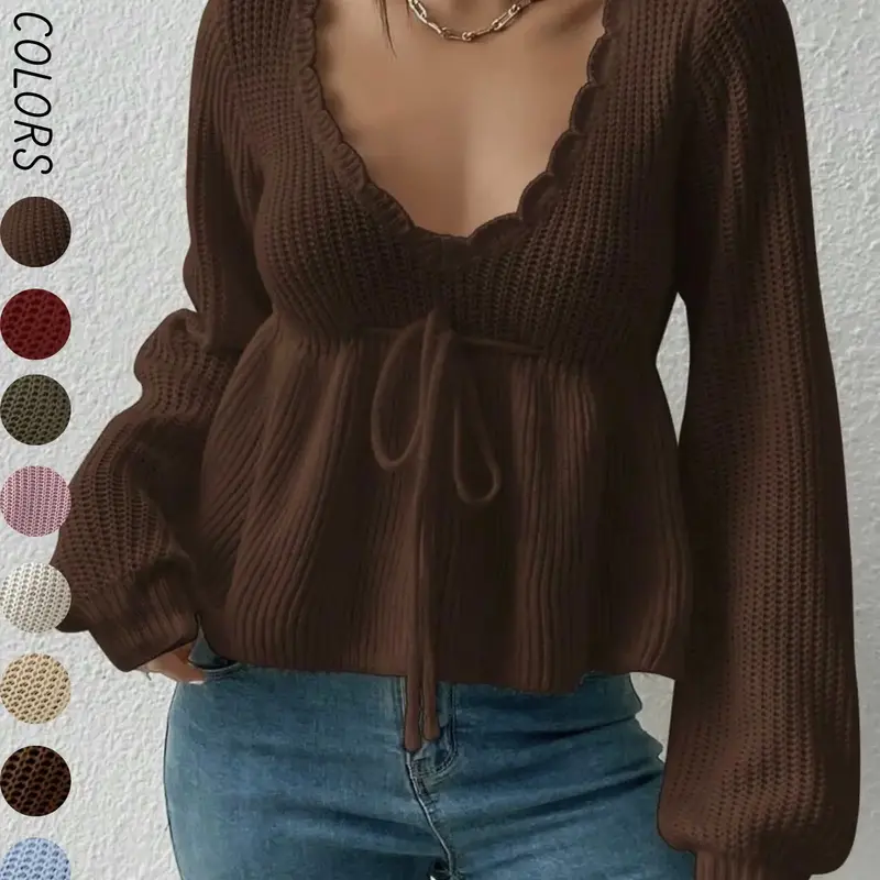 【Black Friday】Women's Plain Drawstring Tie Front Scallop Trim Knit Top, Casual Bishop Sleeve Deep V Neck Knitwear for Fall & Winter, Fashion Ladies' Lightweight Knit Clothing for Daily Wear