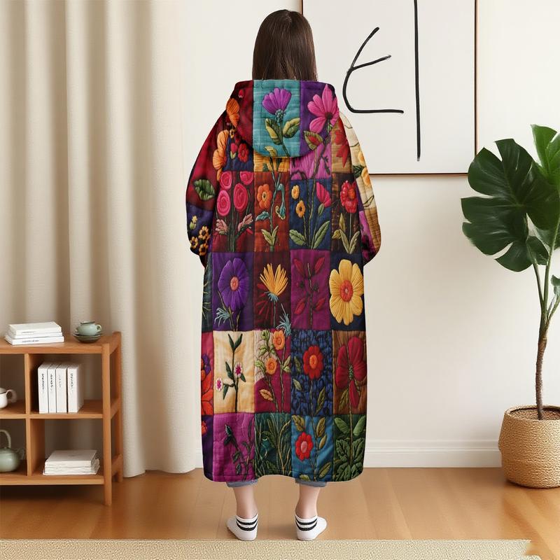 hoodie blanket, Wearable Blanket、Soft Flannel Blanket with Digital Print, Printed Blanket, Wearable Hooded Throw, Plant Floral Pattern, Warm and Cozy, Perfect for Sofa, Home, Office, Camping、Christmas Gift,Valentine's Day gift