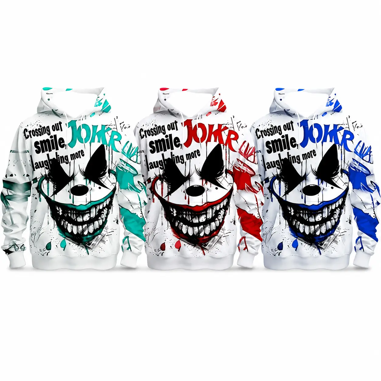 Graffiti Clown Face All‑Over Print Pullover Hoodie, Edgy Street Style Long‑Sleeve Sweatshirt, Multi‑Color Options for Halloween Party and Daily Casual Wear
