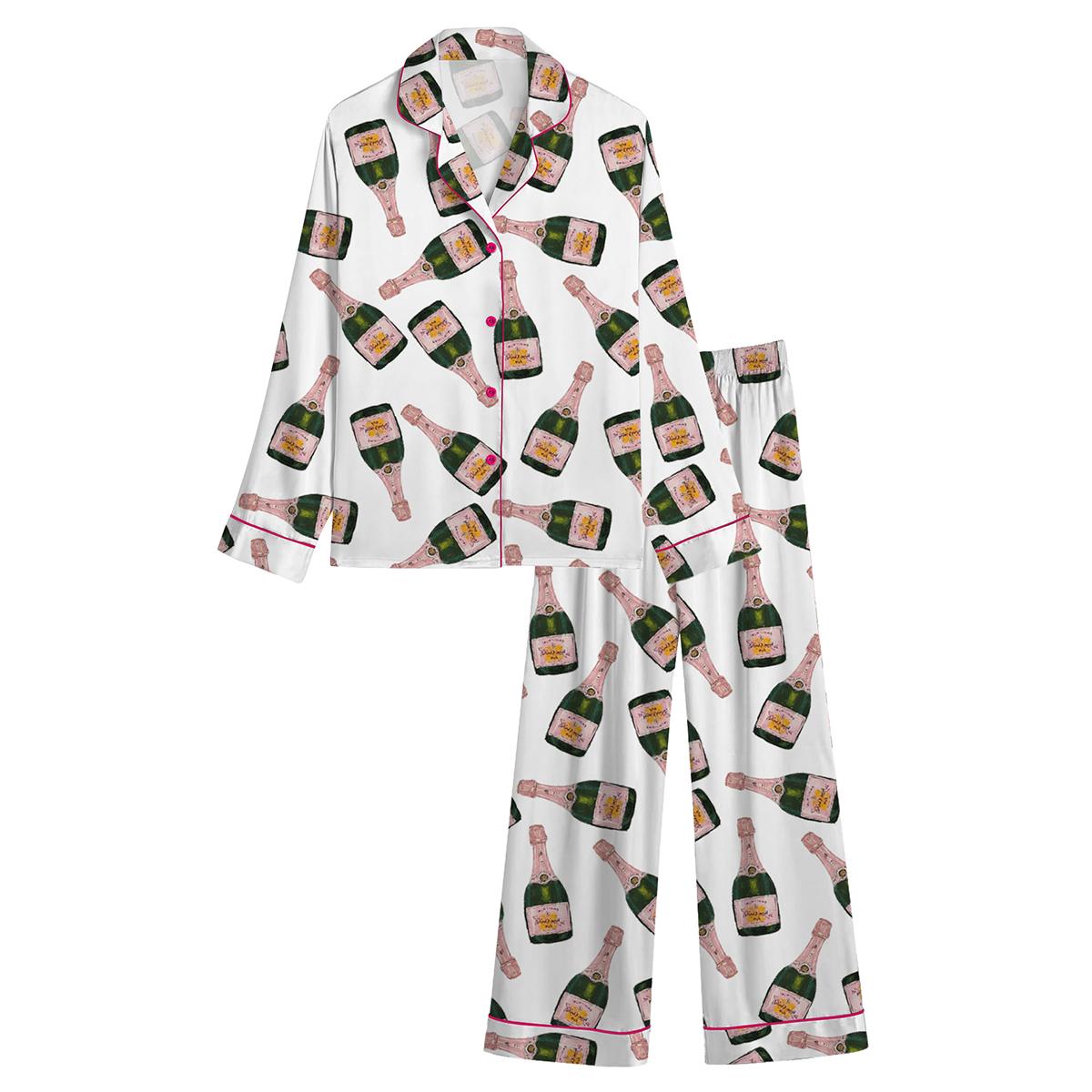 Champagne Bottles Pajama Set For Women Print Comfy Satin Sleepwear & Loungewear Pjs Printing Silky Top & Bottoms - SHESHOW