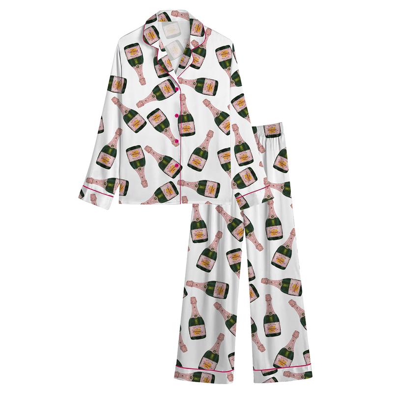 Champagne Bottles Pajama Set For Women Print Comfy Satin Sleepwear & Loungewear Pjs Printing Silky Top & Bottoms - SHESHOW