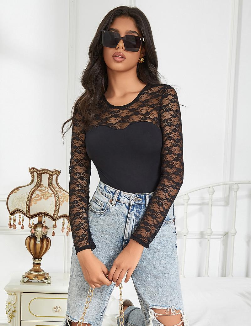 Women's Sheer Mesh Bodysuit Shirt Long Sleeve Lace Bodysuit for Going Out Cocktail Sexy Party Casual Black and Red and White Crew Neck Leotard Print Body Suit Top Valentine's Day Gift Comfortable Breathable Nylon Chic Body Suit Outfit Womenswear Crewneck
