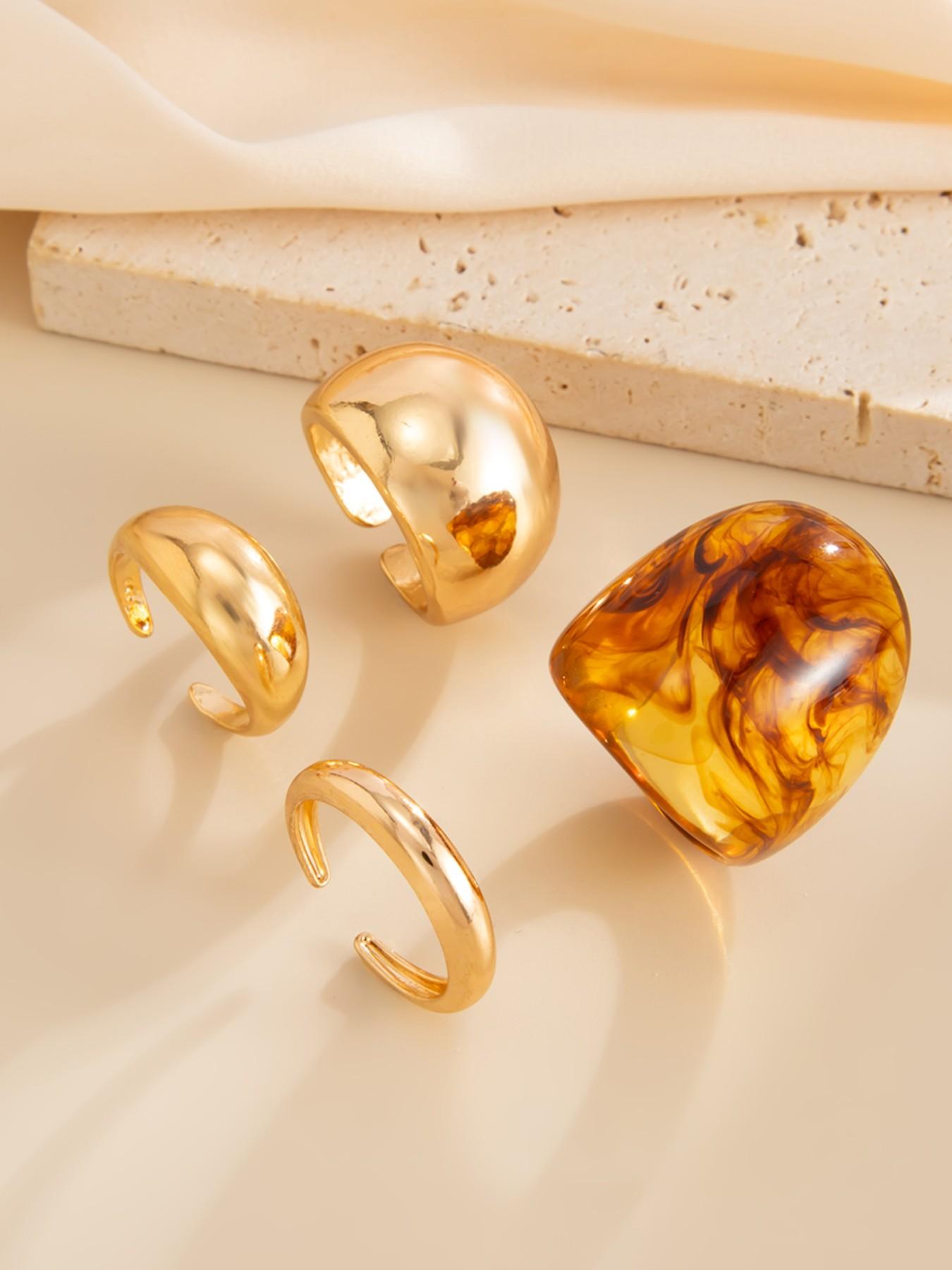 4-Piece Vintage Geometric Amber Ring Set, Women's Bold Rings, Party & Daily Wear, Gift Jewelry Set, Resin Texture Random