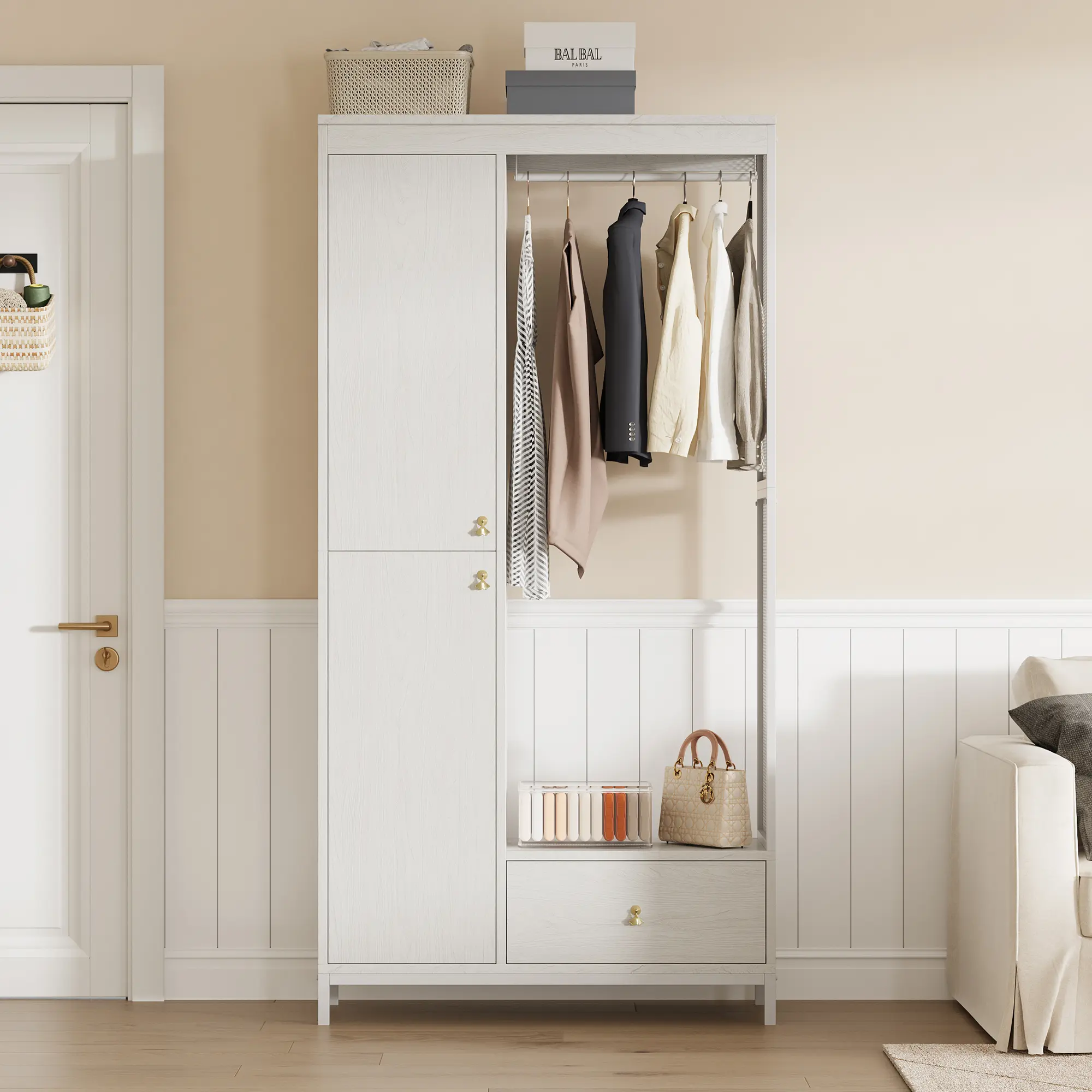 Modern Metal & Wood Sturdy Frame Spacious Armoire Wardrobe Closet - Double Doors, Hanging Rod, Bottom Drawer, Shelves, Bedroom Storage, Black