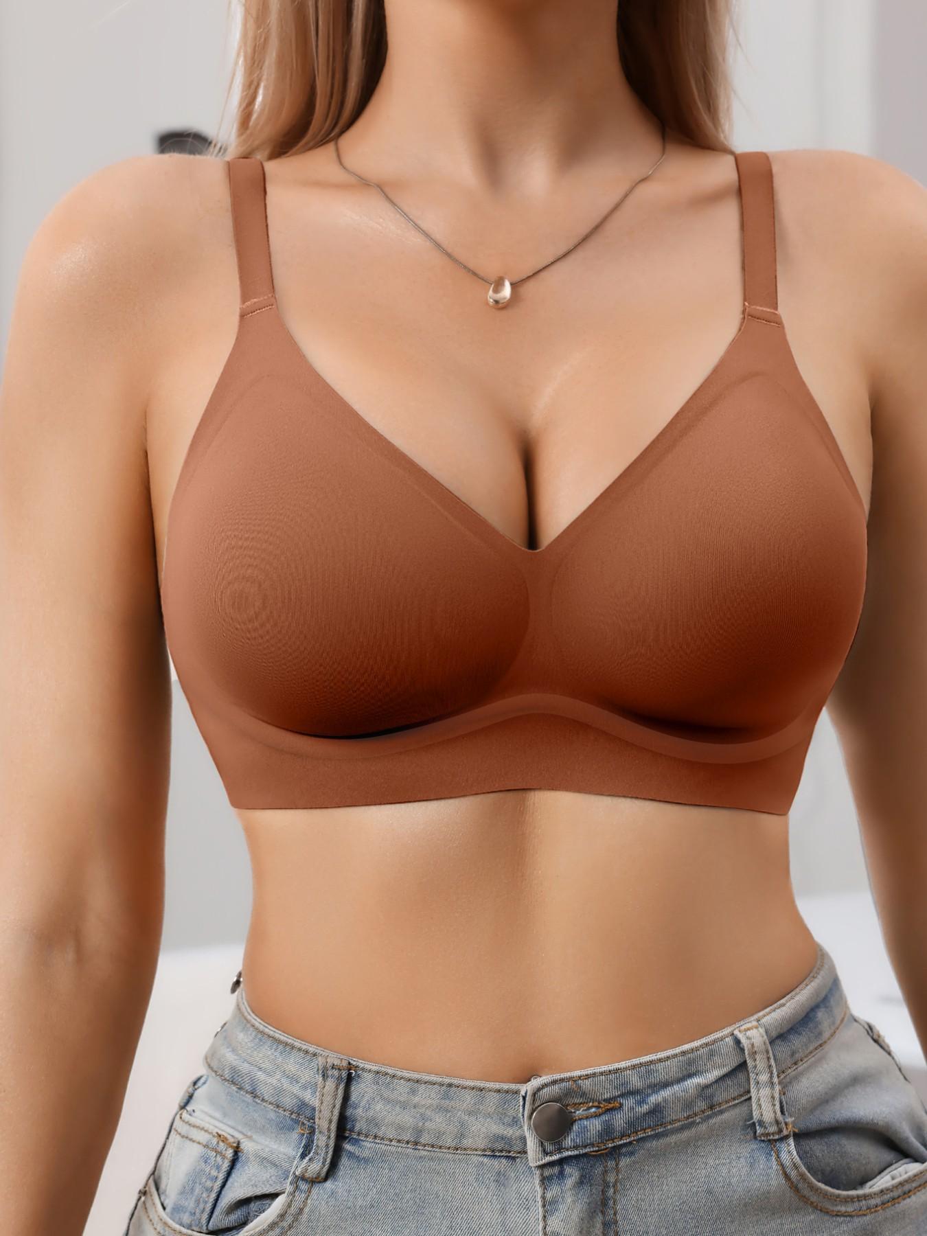 Jelly Bra Sexy V-Neck Gathered Wireless No Underwire Half Fixed Cup Pad Soft Comfort Women Daily Bra, Adjustable Strap, Medium Support, All Seasons