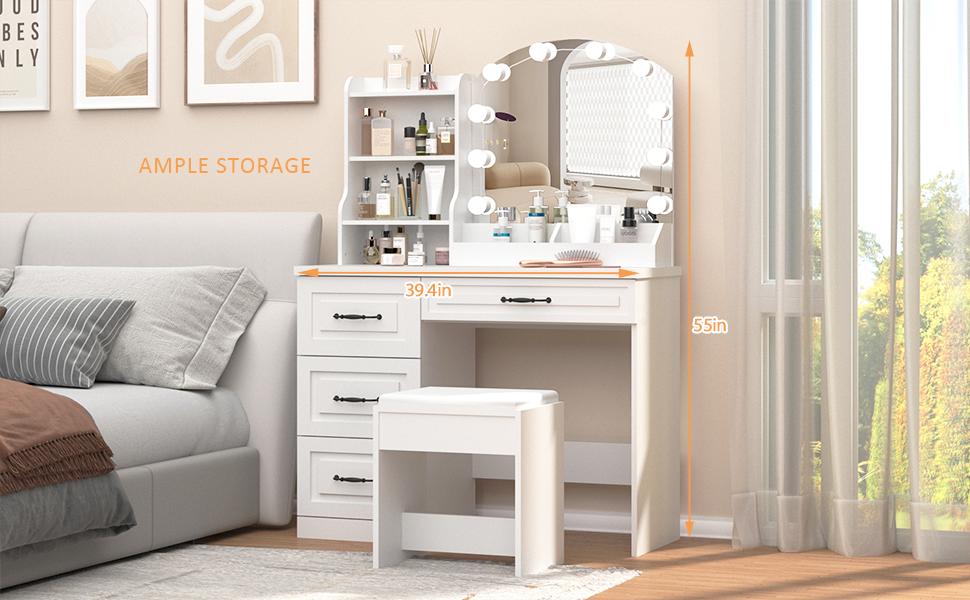 Vabches Makeup Vanity Desk with Lights and Charging Station, White Vanity Set Makeup Table with 4 Drawers Lots Storage, 3 Lighting Colors, Large Size 39.4in(W)