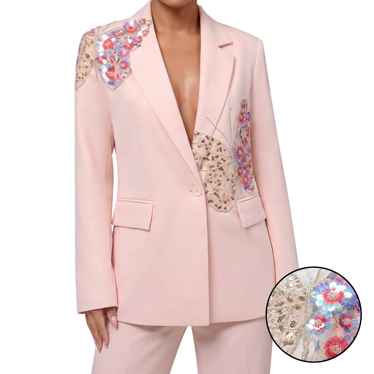 ASANDY Womens Pink Blazer Notched Lapel Single Button Colorful Sequin Butterfly Embroidery Suit Jacket Elegant Tailored Outerwear For Business Office Wedding Party Evening Formal Street Daily Fashion Outfit