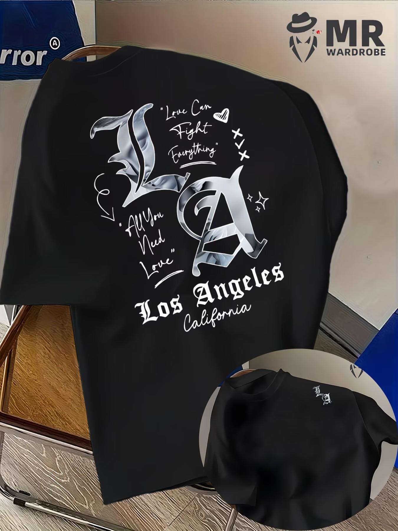 Men's La Pattern T-Shirt, Deep Star Letter Print, Lightweight Summer Casual Top, Street Style, Comfortable Fabric