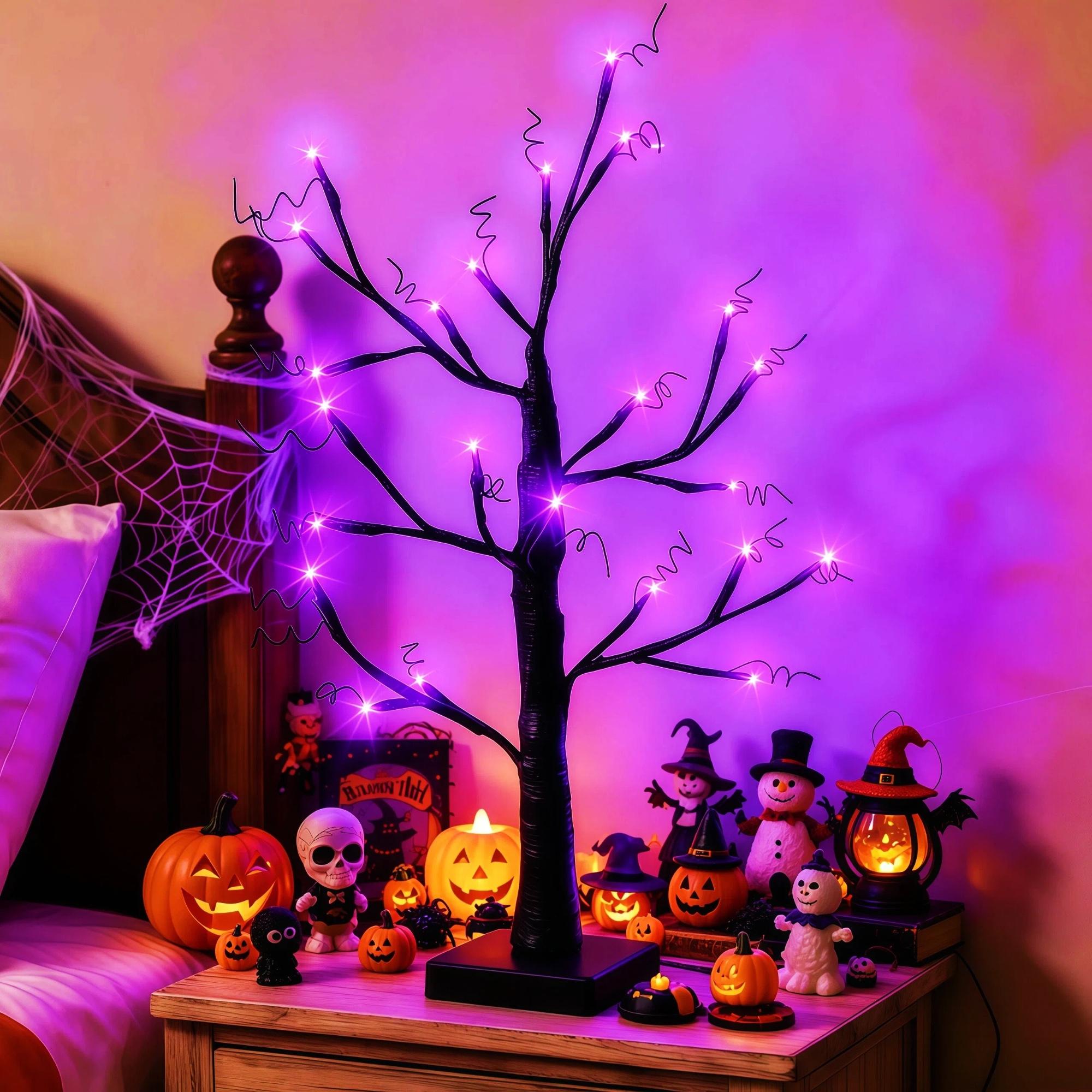 1/2 Pack 24 Inch Black Halloween Ghost Tree Light with 24 LEDs Orange & Purple Lights, USB & Battery Powered, DIY Hanging Ornament Table Lamp for Bedroom Haunted House Thanksgiving Autumn Seasonal Home Party Decor (Battery Not Included)