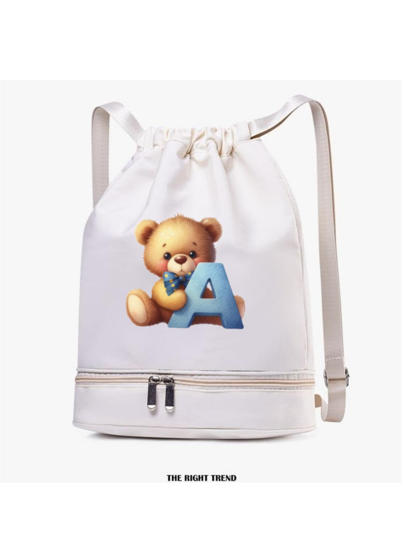 Cute Bear Letter a Pattern Backpack, Lightweight Durable Nylon, Independent Shoe Compartment, Multiple Colors, Fashionable Cartoon Bag