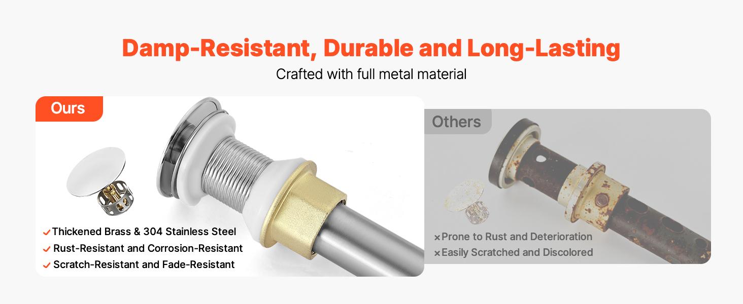 VEVOR Bathroom Sink Drain Without Overflow, Brass and 304 Stainless Steel Pop Up Drains, Anti-Clogging Vessel Drain Strainer, All Metal Hair Catcher Drains Stopper, for Sinks Without Overflow Holes