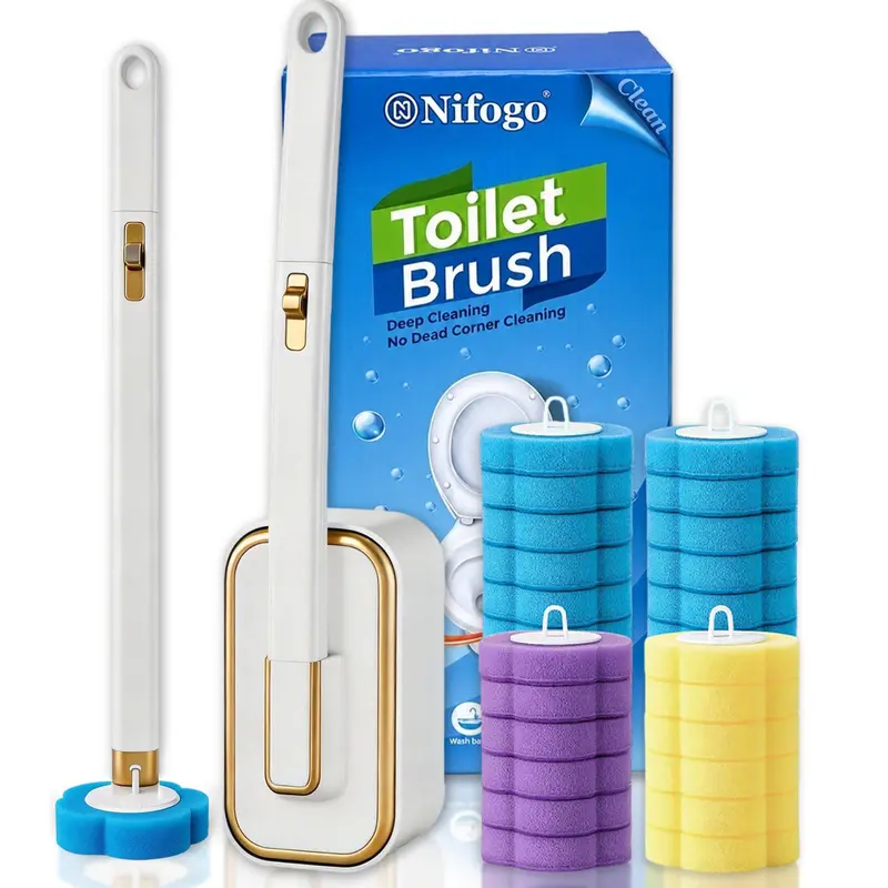Nifogo Wall-Mount Toilet Scrubber Brush Set - Durable ABS Plastic Bathroom Cleaner with 360° Deep Scrub, Disposable Design, Odor Neutralizing 24pcs Refills, 15.7" (40cm) Long Handle for Toilet, Drain & Basin Use
