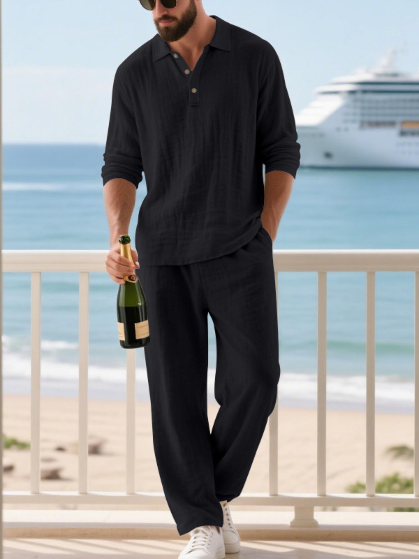 Men's Linen Polo Shirt & Pants Set, Classic Casual Loose-Fit Long Sleeve Top, Spring & Fall Woven Fabric for Daily Wear