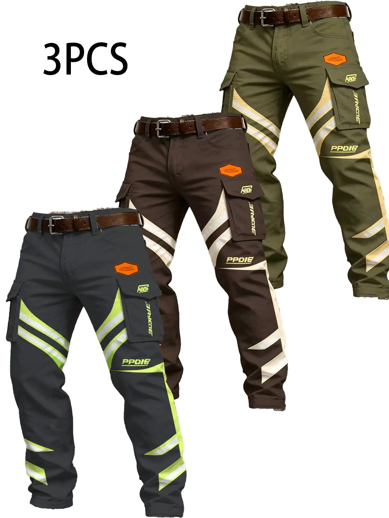 3-Pack Men's Diagonal Stripe Multi-Pocket Work Pants, Durable Outdoor Cycling Tactical Long Pants, Vintage Colorblock Functional Workwear