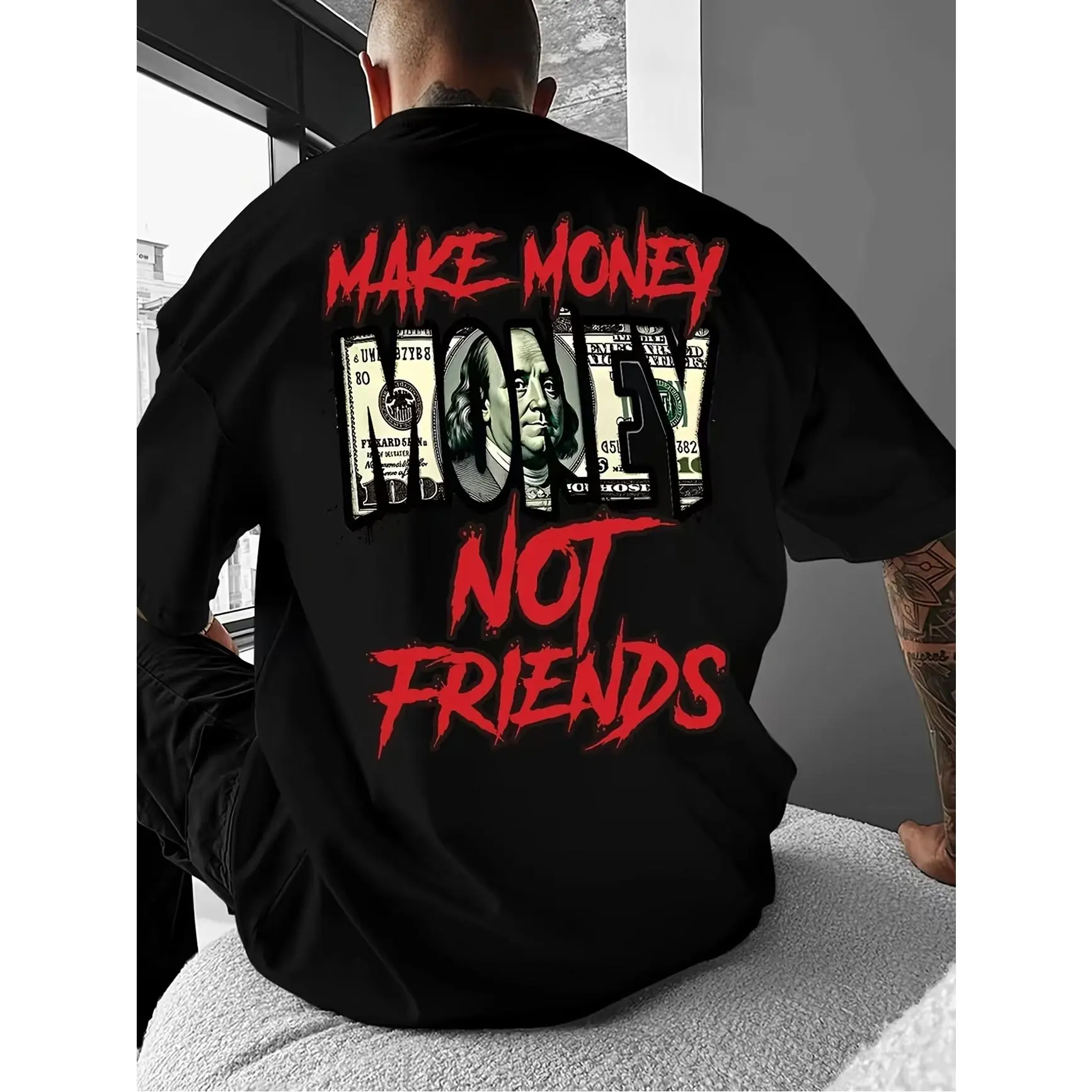 Make Money Not Friends Dollar Bill Back Print Graphic Oversized Comfort Cotton Fashion Outfit, Benjamin Franklin Money Streetwear Cute Tee, Trendy Valentine's Day Gift For Him Hustler Present, Stylish Holiday Gift For Friends Family