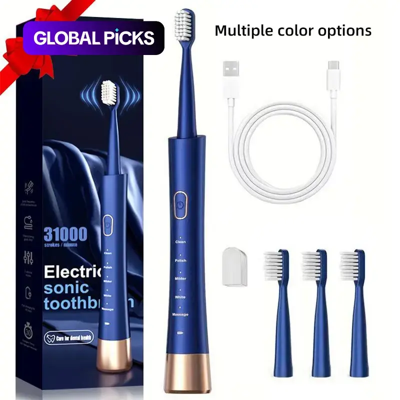 Electric USB Charging Toothbrush, 1 Count Soft Bristles Toothbrushes & 4 Counts Brush Head & 1 Count Charging Cable, Intelligent Cleaning Toothbrushes, Toothbrush Set, Gift