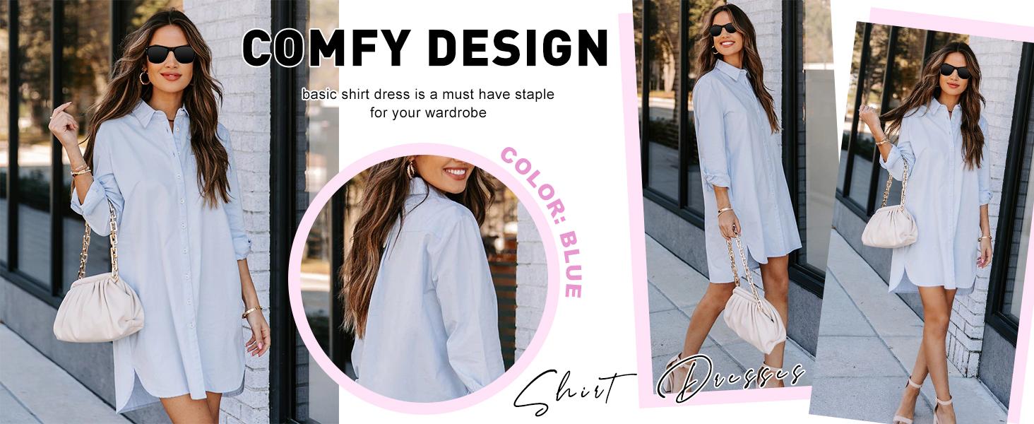 Chouyatou Women's Casual Loose Fit Long sleeve Solid Striped Button Down Shirts Dresses SpringStatements