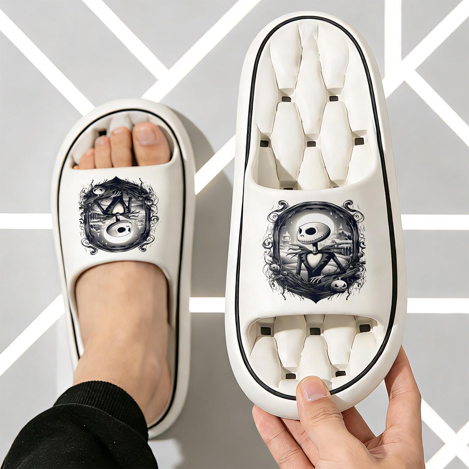 Halloween The Nightmare Before Christmas Jack Skellington Print Slippers Unisex Soft Sole Slides For Indoor And Outdoor Wear Halloween Party Cosplay Footwear Comfortable Non Slip Dark Style Casual Slipp