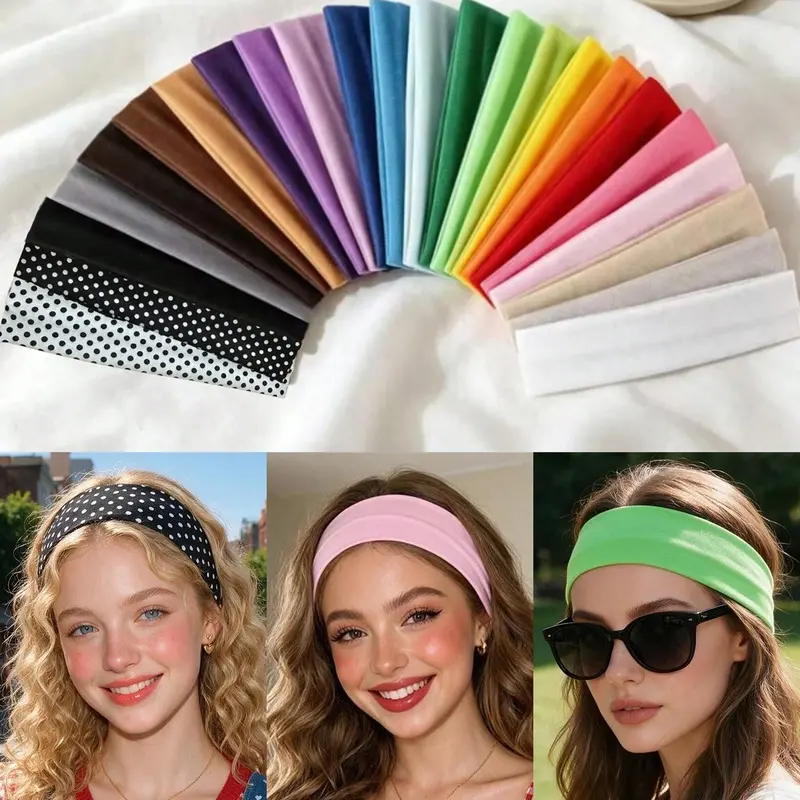 24-Piece Set of Candy Color Yoga Headbands, Solid Color and Polka Dot Sweat-Absorbing Hair Bands for Sports, Running, and Workouts Athletic Headbands