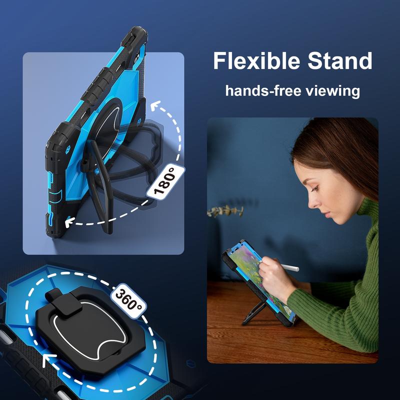 Military-Grade Shockproof Case for iPad (A16) 11th 2025 11" , Compatible with iPad Pro M5 2025 13-inch/ iPad Air / iPad Mini - Rotating Stand with Screen Protector, Pencil Holder & Shoulder Strap - Heavy Duty Drop-Proof Cover - Black+Blue Tablet Casing