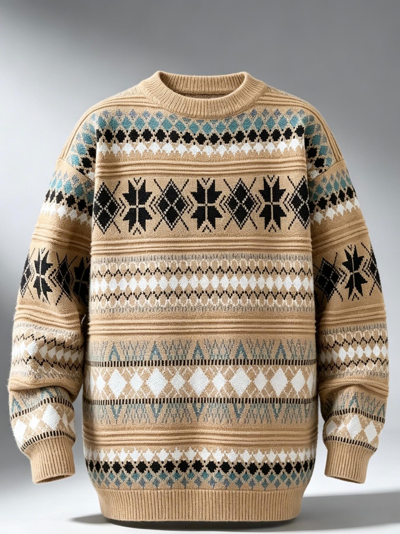 Men's Fair Isle Knit Sweater, Thick Warm Round Neck Pullover, Vintage Nordic Geometric Pattern, Fall Winter Casual Streetwear