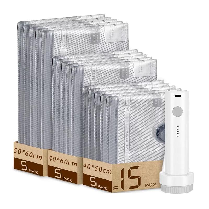 2026 Upgraded Rechargeable Travel Vacuum Bag Set 6/15-Pack Compression Bag for Luggage USB-Powered Handheld Pump Space-Saving, Durable Zipper, Lightweight Storage Box for Clothing and Packing, Travel Organizer Set