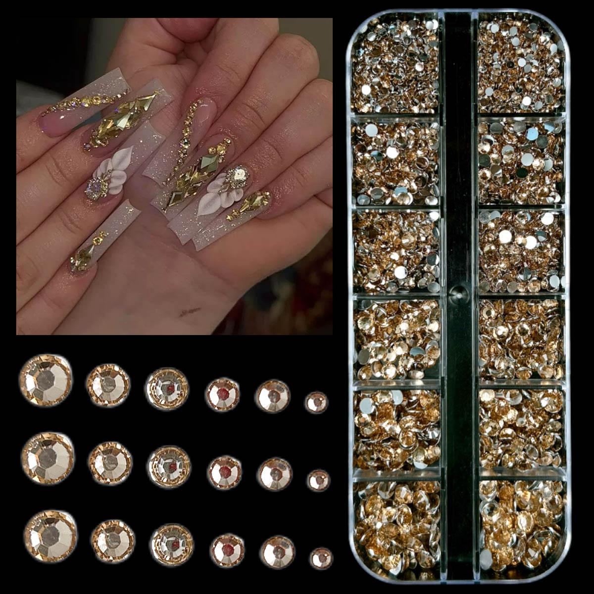 1 Box MultiSized Semi-circular Rhinestones Nail Charms Sparkling Champagne Color Flat Bottomed Resin Diamond Nails for Women DIY Pen Headphones Shoes Nail Art Bling Rhinestone Decoration