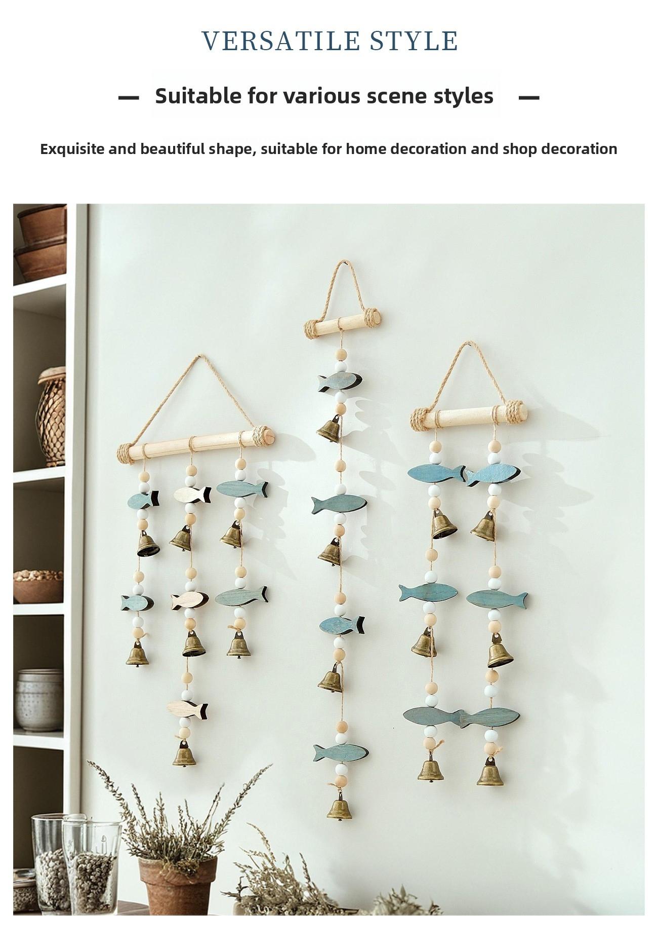 New Product Mediterranean Style Double-Sided Fish String Bell Wind Chime Pendant Wall Decoration Solid Wood Hemp Rope Creative Nordic Wall Hanging Ornament Home Decor Ornaments Wall Hanging Design