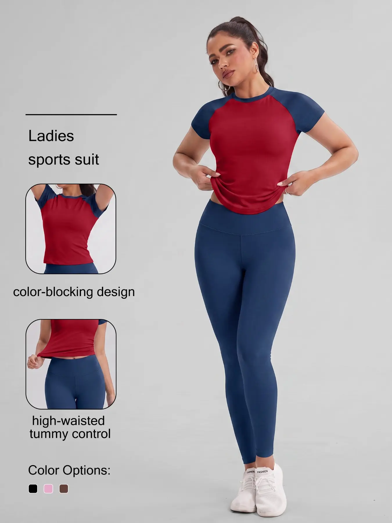 Women's Sculpting Workout Set | Contrast Sleeve Tee & High Waist Leggings Activewear