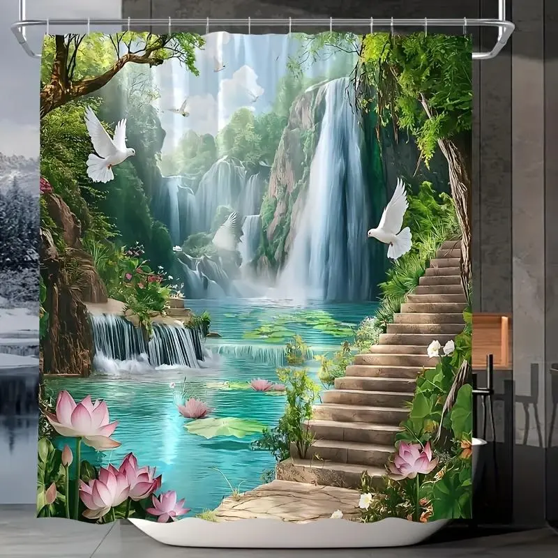 1Pc Rustic Geometric 2D Flat Waterfall Design Waterproof Polyester Shower Curtain - Machine Washable with Hooks, for Single Person Shower Room, Bathroom Themes with Lotus Ponds & Green Plants