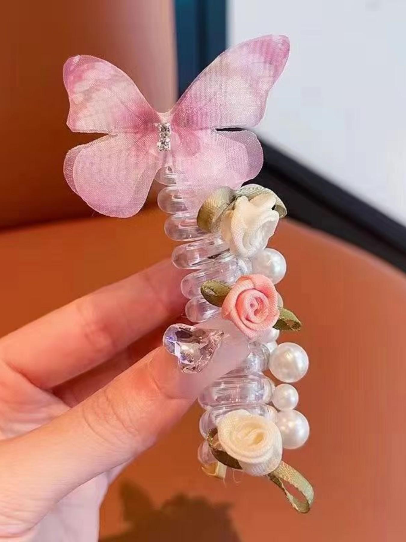 New Mesh Butterfly Pearl Hair Tie, Cute Round Bead Flower Butterfly Phone Line Braided Bubble Braid Hair Rope, Girls' Headwear for Daily Use