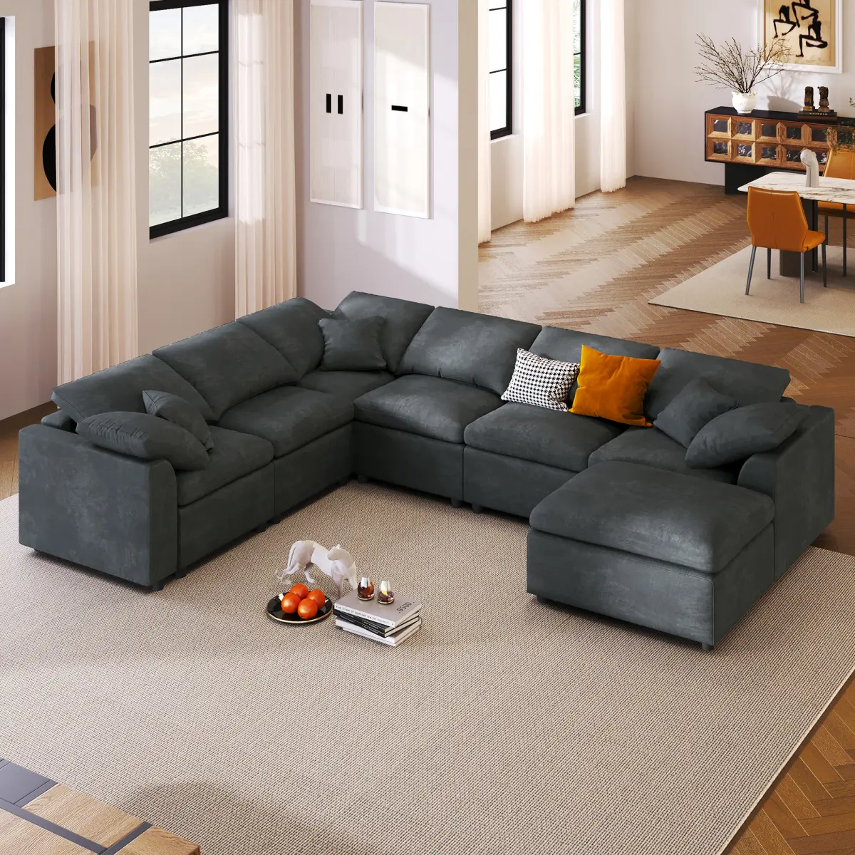 Aobtkel 7-Seater L-Shaped Modular Sectional Sofa with 120.8" Width, Movable Ottoman, Plush Chenille Deep Seat, Solid Pine Wood Frame, Pocket Spring & High-Resilience Foam, Easy Assembly Couches for Apartment, Living Room