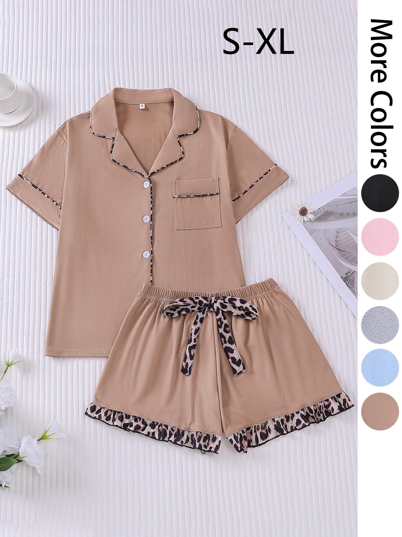 Women's Patchwork Contrast Binding Button Front Pocket Shirt & Ruffle Hem Shorts Pyjama Set, Casual Comfy Two-piece Pj Set, Ladies Summer Sleepwear, Pajama Set, Casual Lounge Sleep