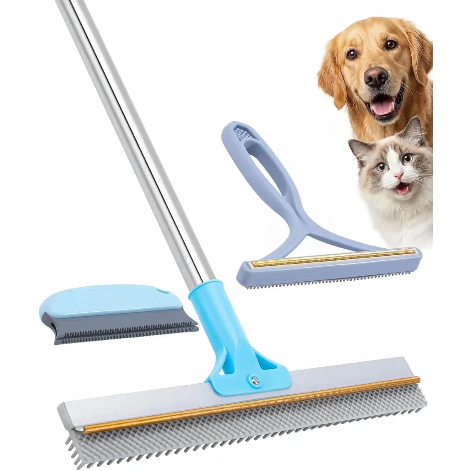 Carpet Rake for Pet Hair Removal - 54''Adjustable Long Handle Carpet Rake, 3 in 1 Reusable Silicone Carpet Broom with 2 Lint Scrapers, Pet Hair Remover Broom for Rugs, Mats, Couch, Car Interiors