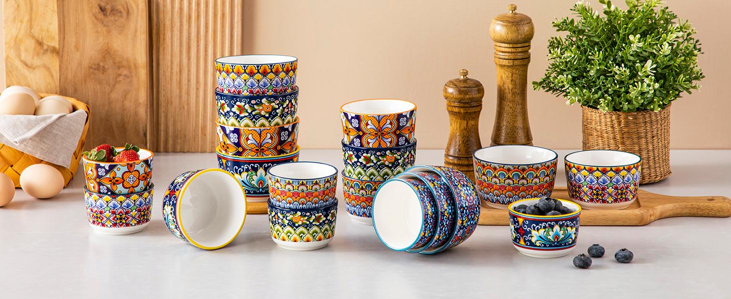 vancasso 4/6/8 Oz Ramekins Oven Safe Set of 6, Bohemian Creme Brulee Ramekins, Colorful Souffle Dishes, Pudding Custard Cups for Baking, Small Ceramic Bowls for Dipping Sauce, Ice Cream Porcelain Dinnerware