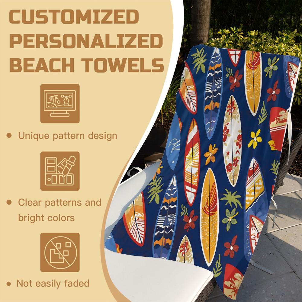 Tropical Surfboard & Floral Print Beach Towel, Oversized Quick Dry Microfiber Bath Towel, Super Absorbent Sand Free Beach Blanket for Summer Vacation, Hawaii Surfing Pool Gift