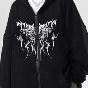 Gothic Printed Zipper Hoodies Women Men Vintage Fashion Hip Hop Y2K Coat Autumn Winter Fleece Long Sleeve Zip-up Hoodies