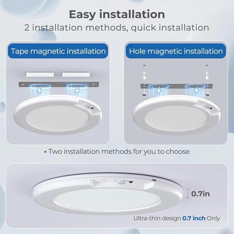 Rechargeable Motion Sensor Ceiling Light, 2-Pack Battery Operated LED Lamp with Remote Control, Ultra-Thin Design for Closet & Indoor Use