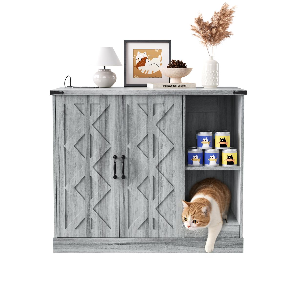 Cat Litter Box Cabinet with Power Outlet, Modern Litter Box Furniture for Large Automatic Litter Boxes, Hidden Litter Box Enclosure with Litter Catcher, Adjustable Storage Shelves, Gray