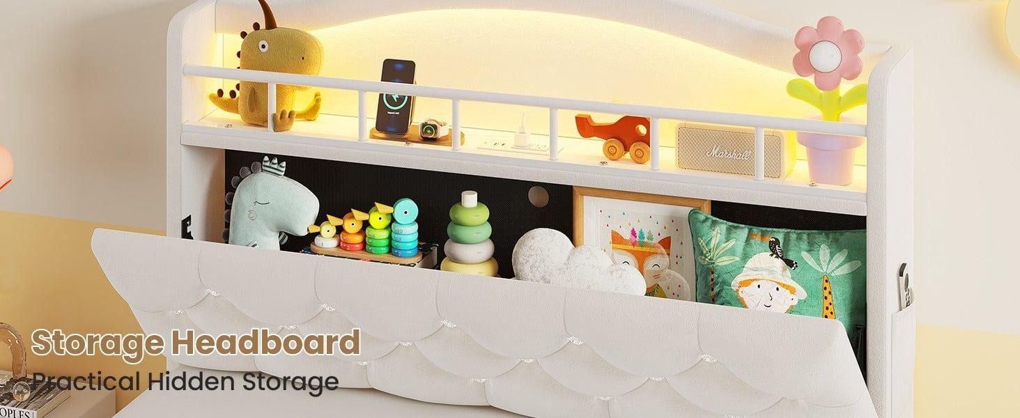 Sikaic Twin Princess Velvet Upholstered Bed Frame Beige Headboard Unique Bedroom Furniture Kids Furniture Bedroom