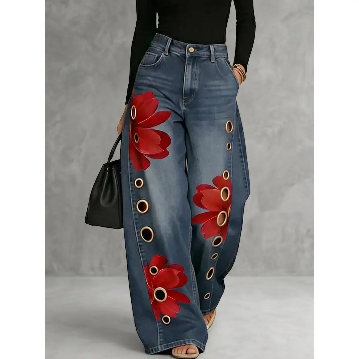 Women's High Waisted Wide Leg Jeans, Loose Fit Denim Pants with Floral Print and Metal Grommet Cutout Details, Pocket Design and Button Fly, Statement Trousers for Daily Wear, Travel and Street Style