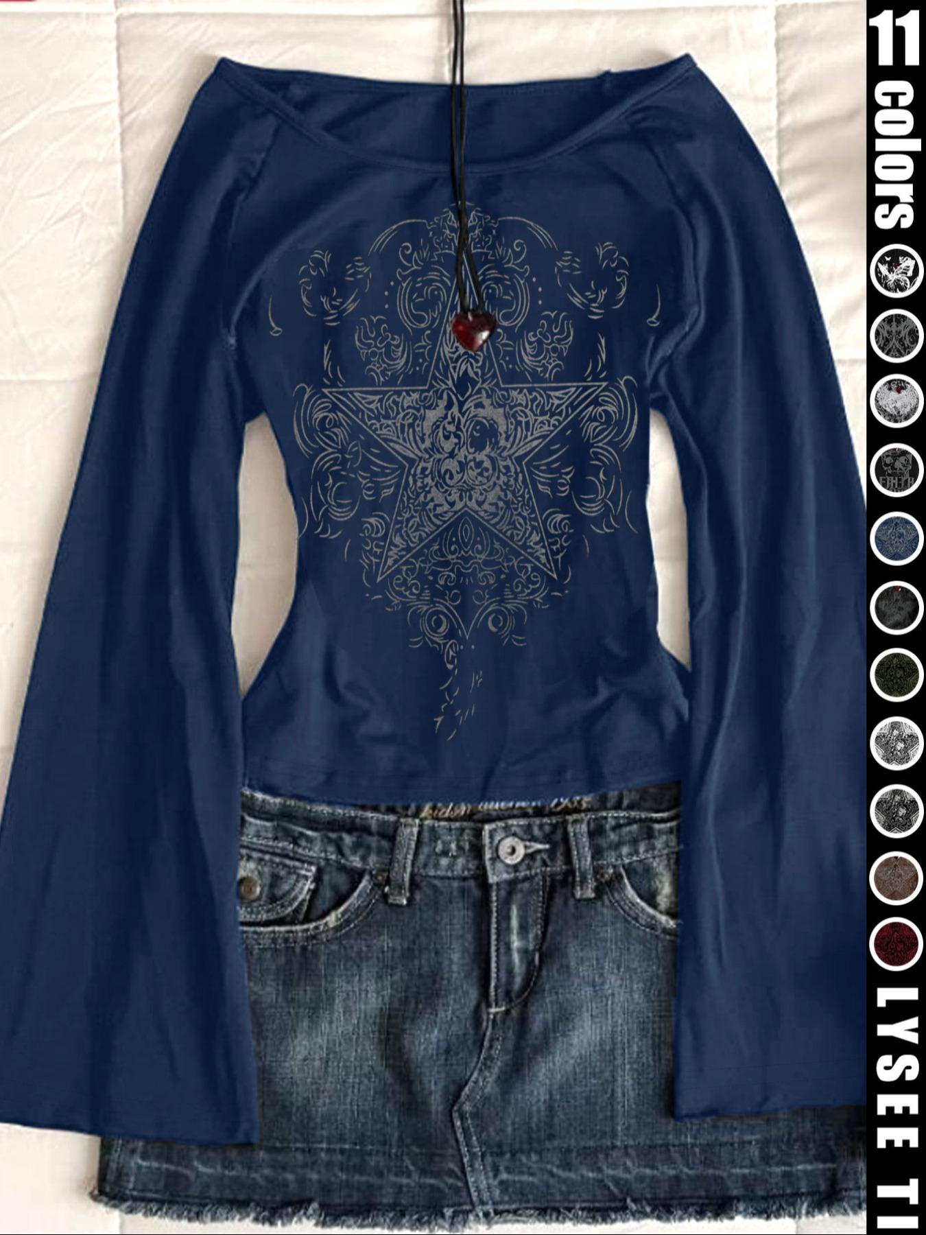 Fashion and casual Y2K women's Fitted five pointed star printed round neck flared sleeve top