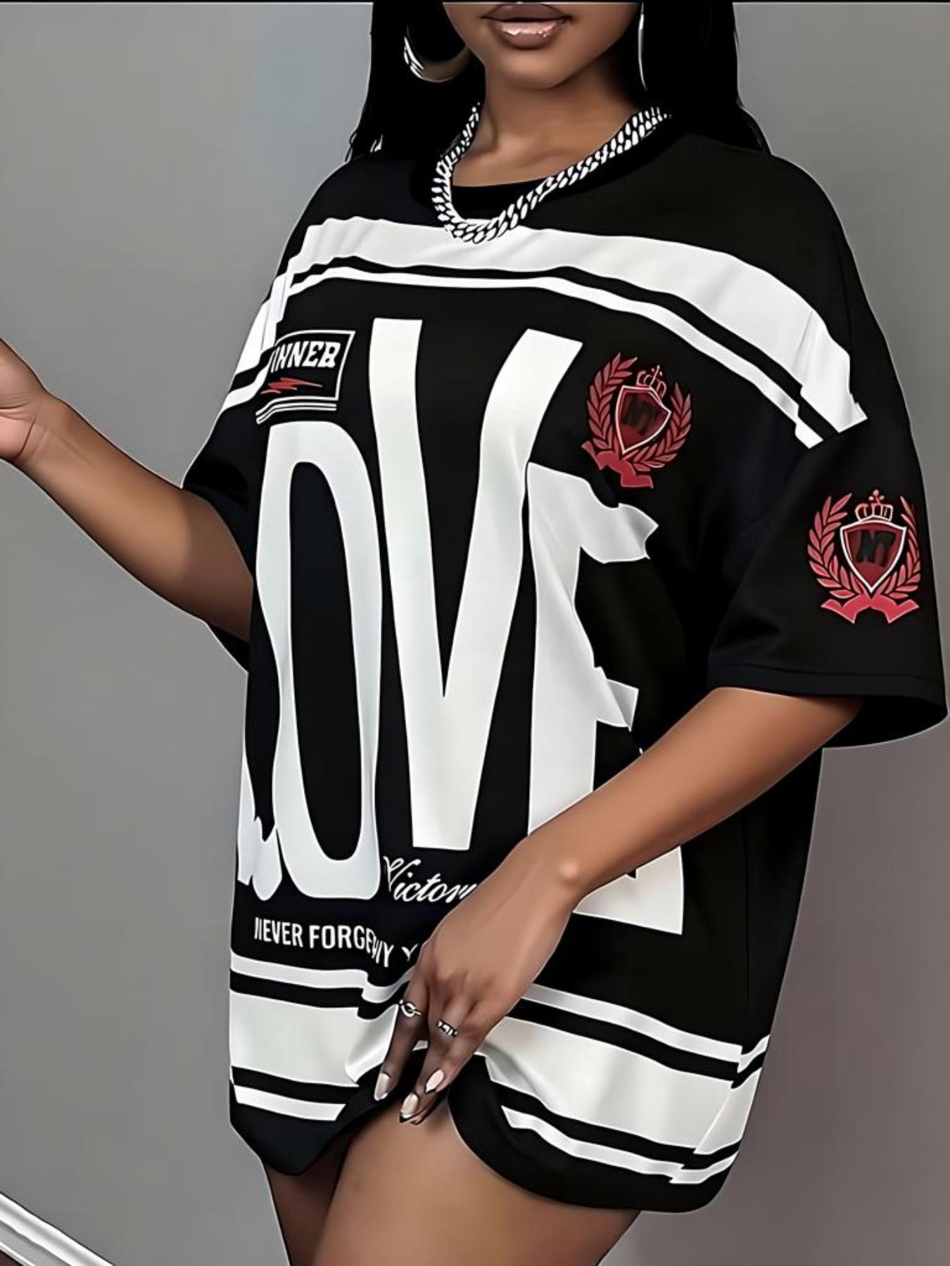 Plus Size Women's Street Style Colorblock Short Sleeve Top, Love Letter Print with Text and Striped Elements, Loose Fit, Comfortable Fabric