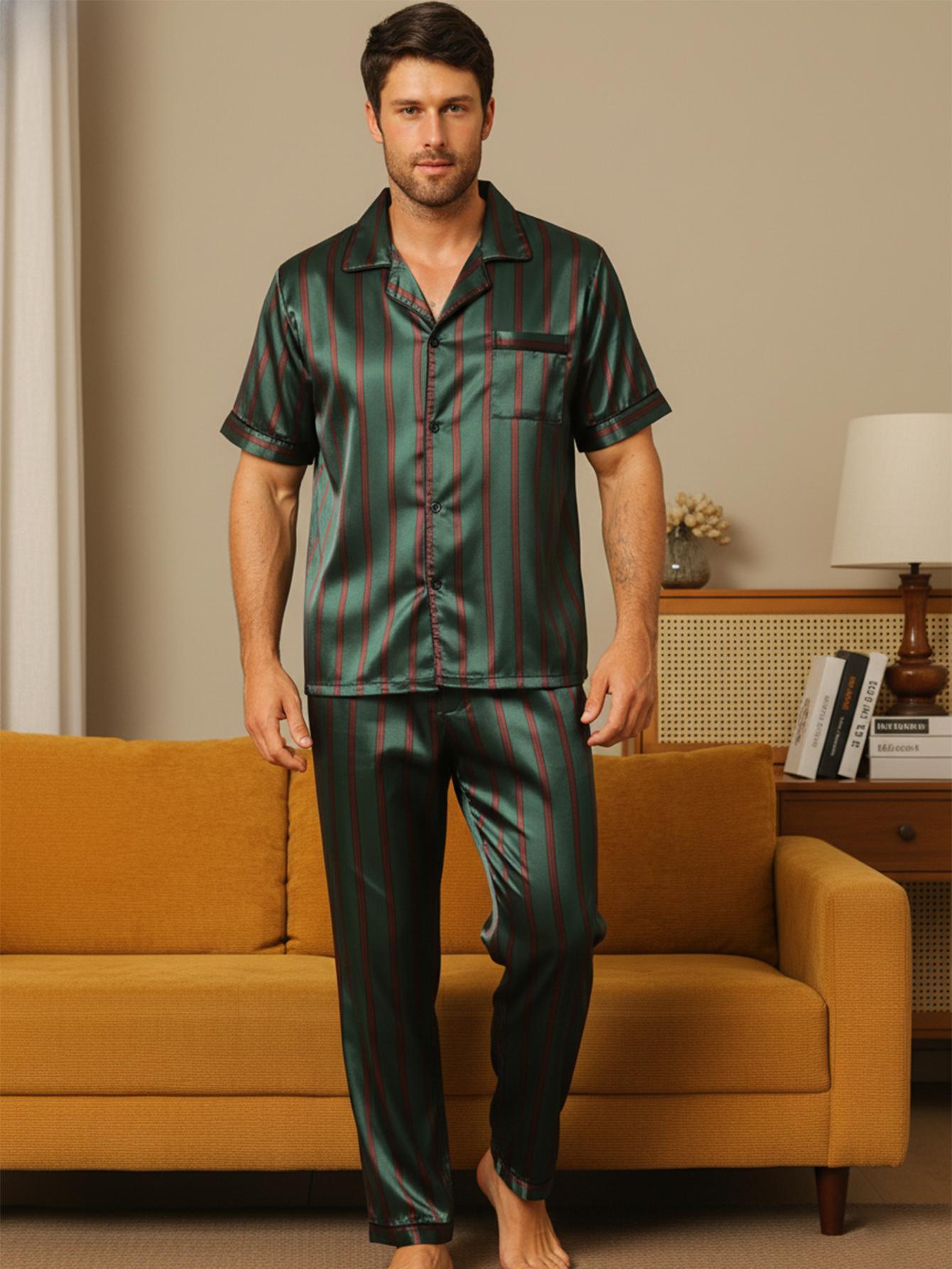 Men's Casual Sleepwear Set, Pajama Set, Thin Ice Silk Striped Fabric, Comfortable Daily Wear, Short Sleeve and Long Pants Button Open Shirt