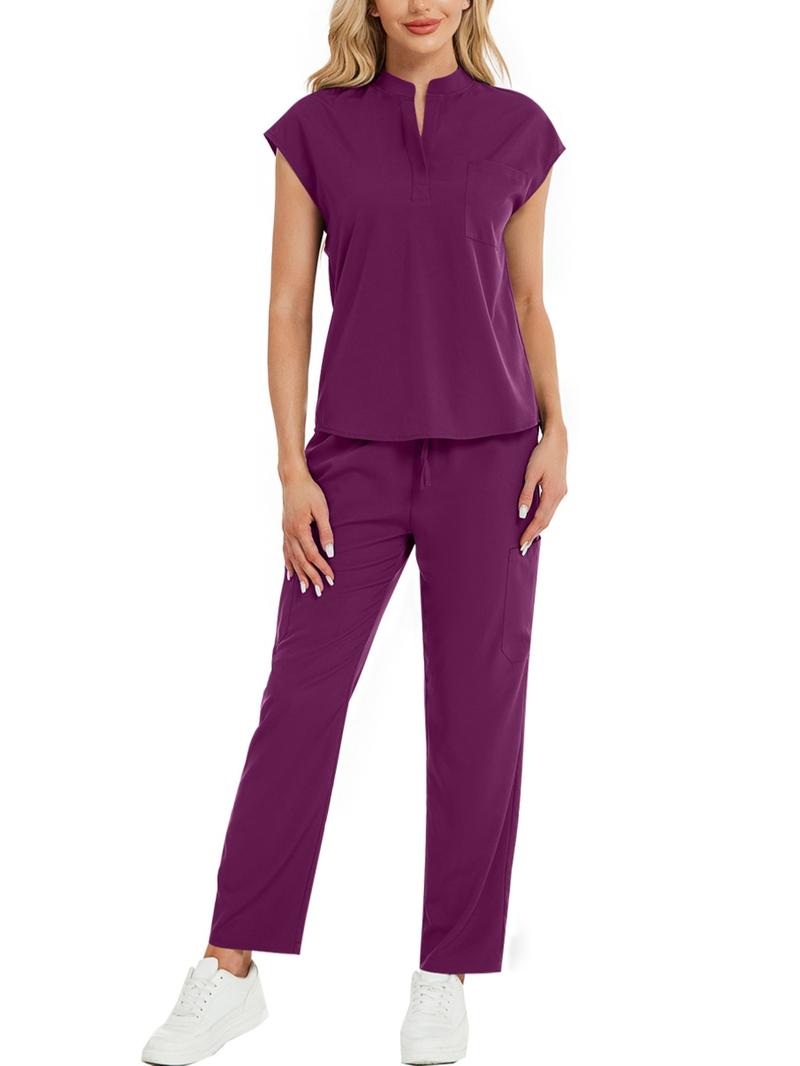 Cimmuovere Women's Solid Notched Neck Batwing Sleeve Top & Drawstring Waist Pants Two-Piece Scrub Set, Casual Cap Sleeve Top & Pocket Trousers for Summer, Vital Scrub Top, Women's Uniforms for Work, Medical Scrub Sets